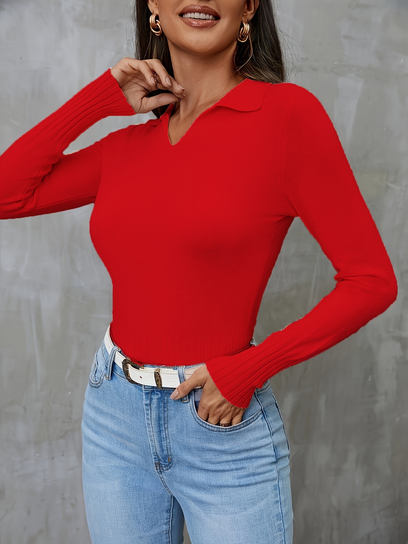 Solid Notched  Collar Pullover Sweater