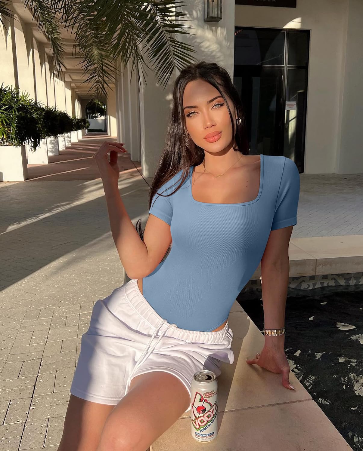 Women's 2 Piece Bodysuits Sexy Ribbed One Piece Square Neck Short Sleeve Bodysuits