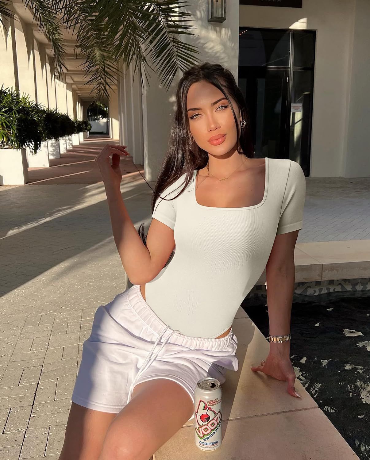 Women's 2 Piece Bodysuits Sexy Ribbed One Piece Square Neck Short Sleeve Bodysuits