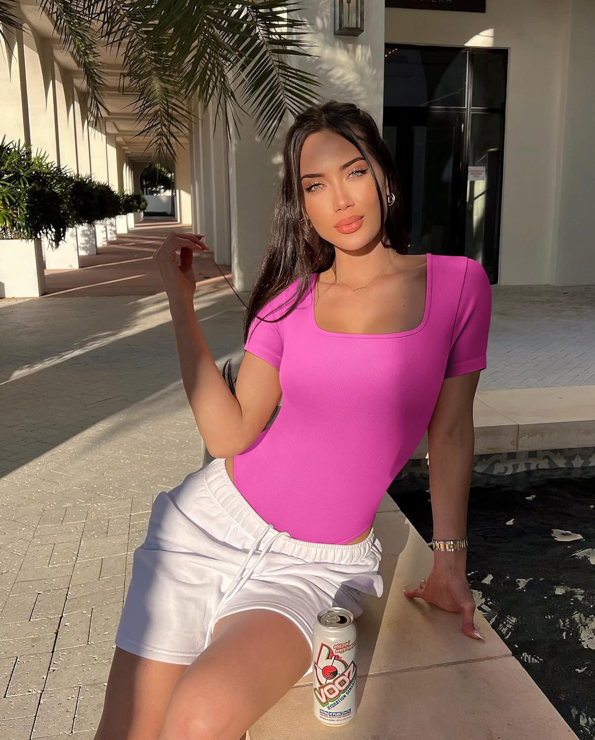 Women's 2 Piece Bodysuits Sexy Ribbed One Piece Square Neck Short Sleeve Bodysuits