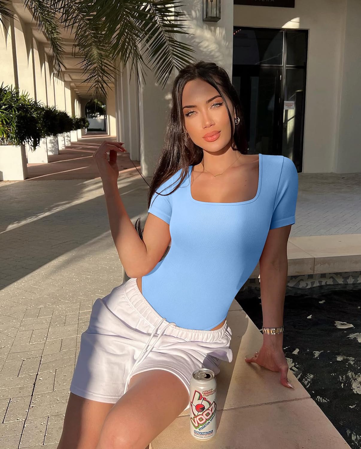 Women's 2 Piece Bodysuits Sexy Ribbed One Piece Square Neck Short Sleeve Bodysuits