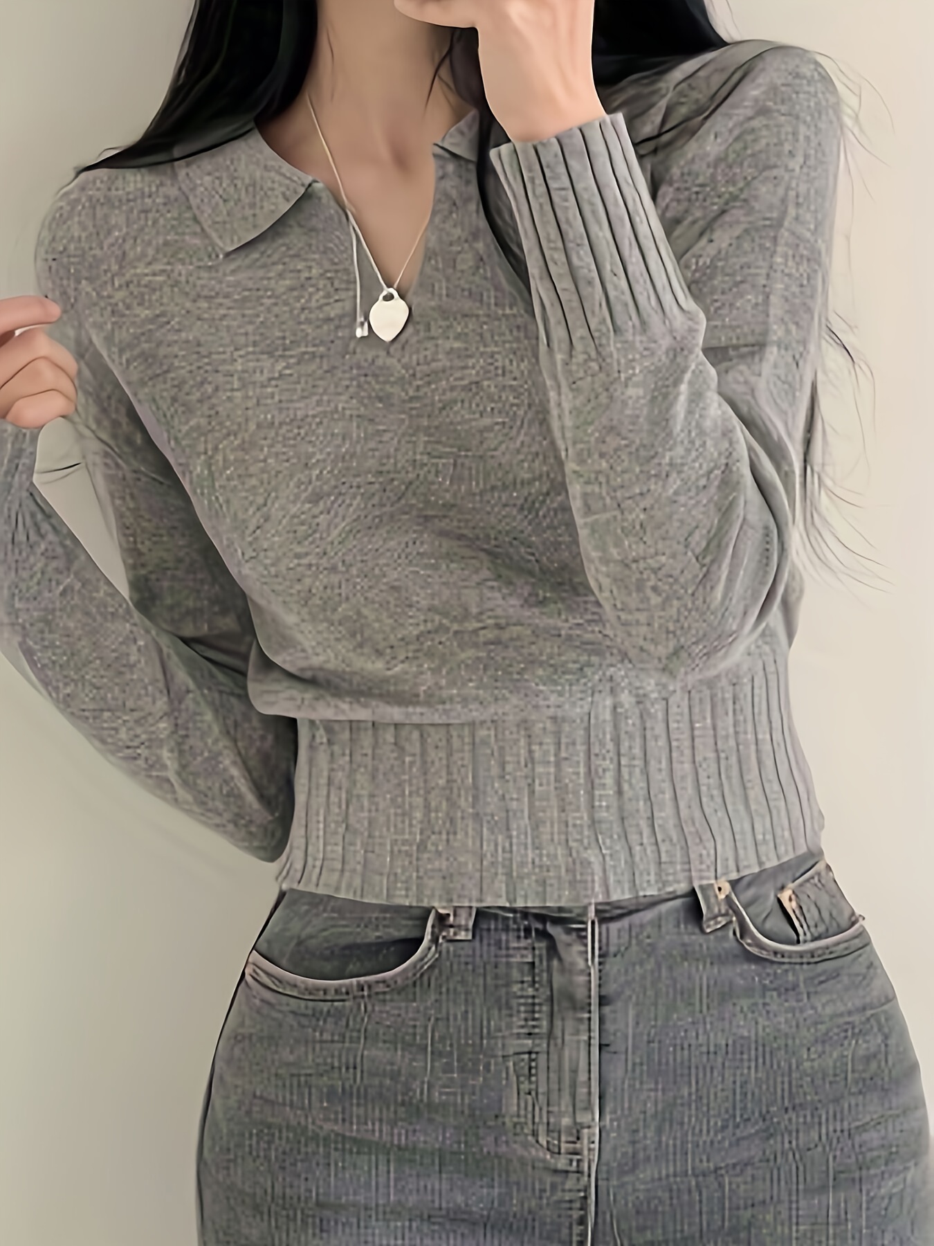 Solid Notched  Collar Pullover Sweater