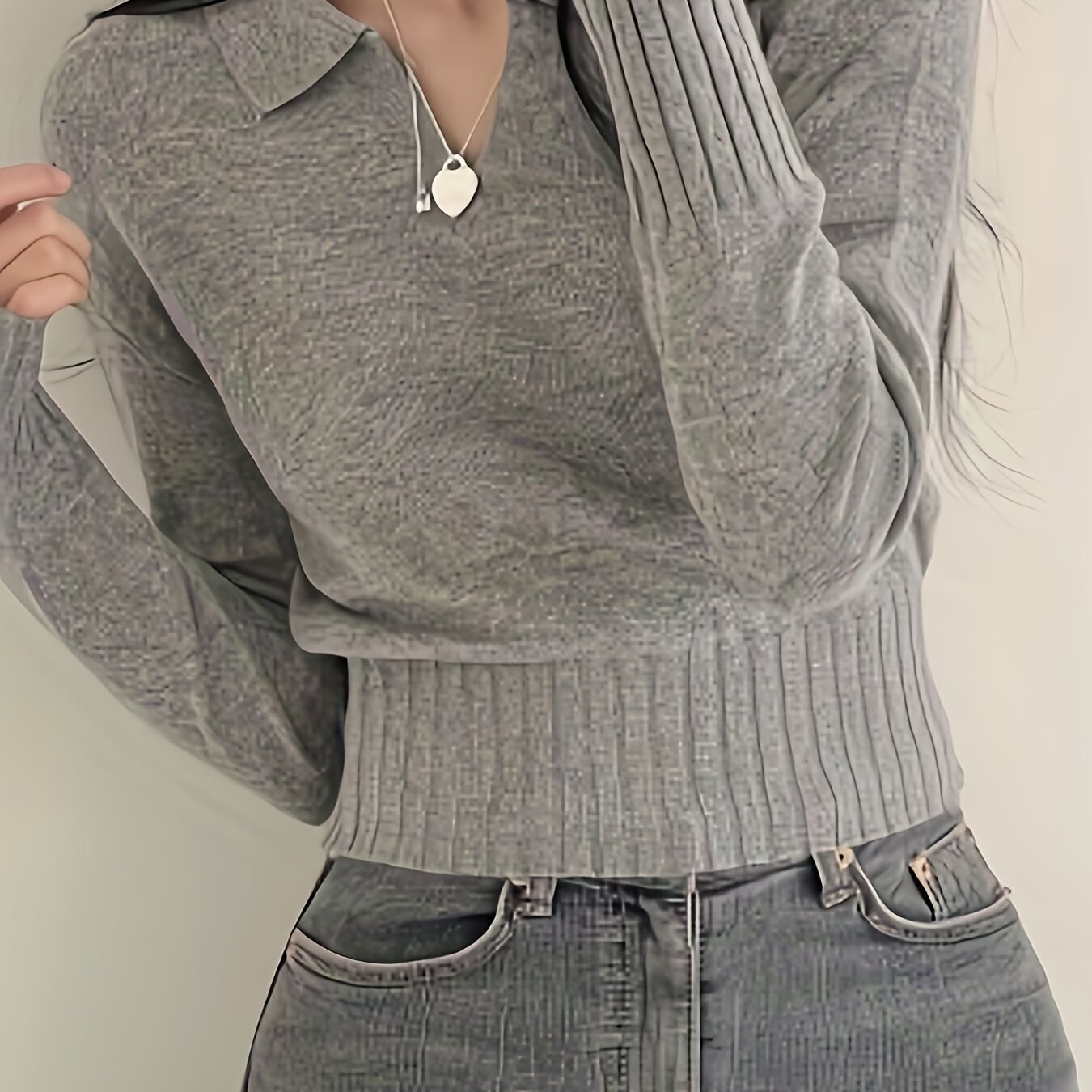 Solid Notched  Collar Pullover Sweater