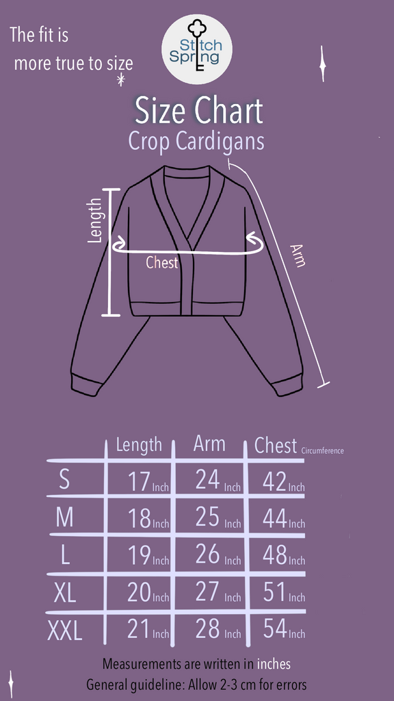 Stitch Spring Crop Cardigan Size Chart