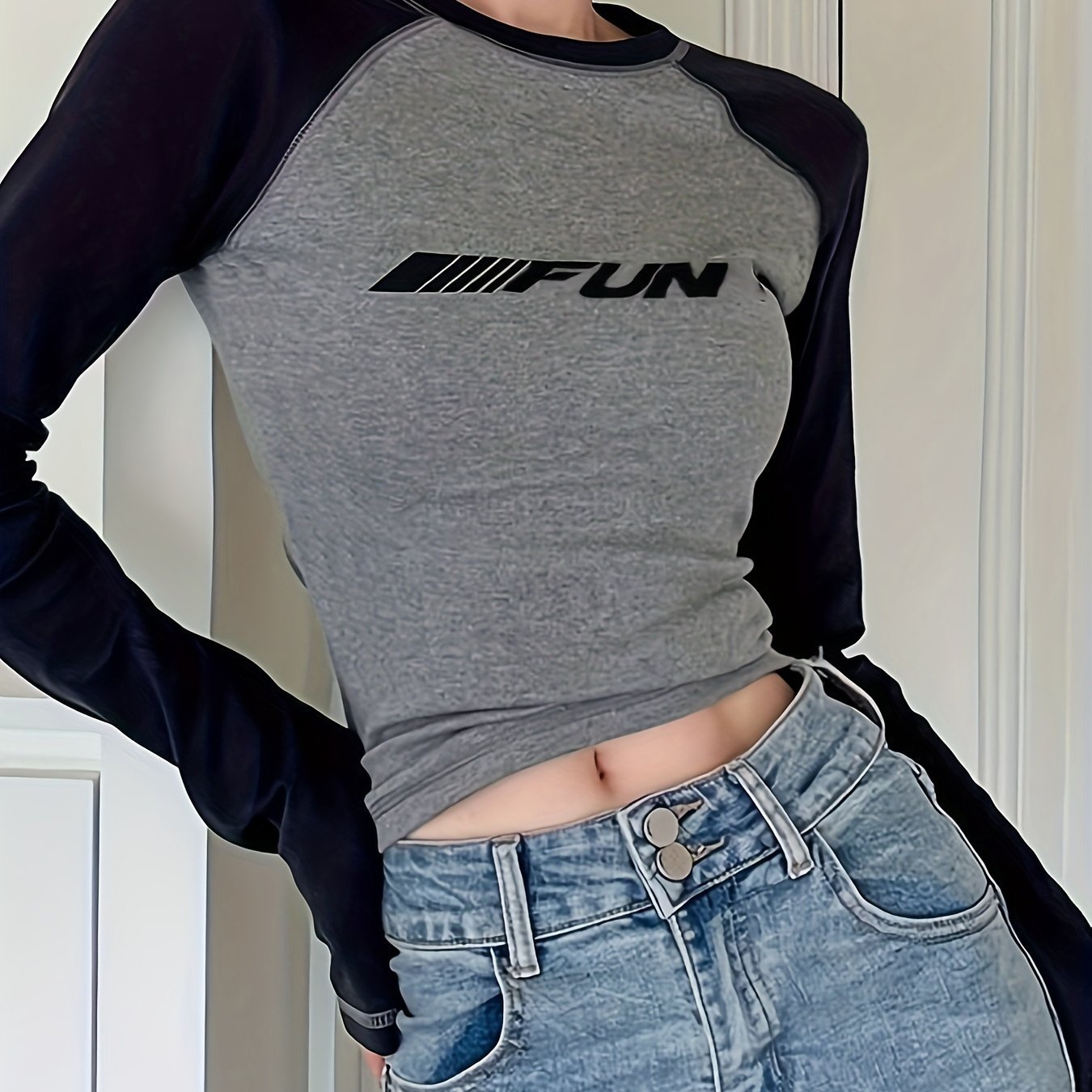 Letter Print Crew Neck T-Shirt, Casual Raglan Sleeve Top For Spring & 