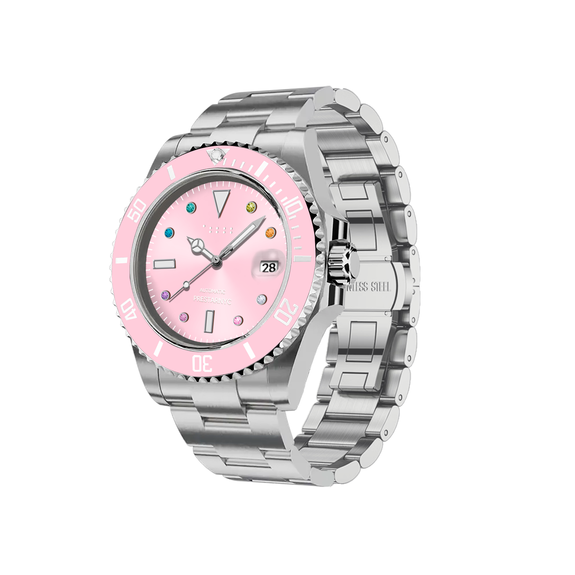 Prestar NYC Aquaman Classic Multi-Color Diamond Watch (Light Pink)