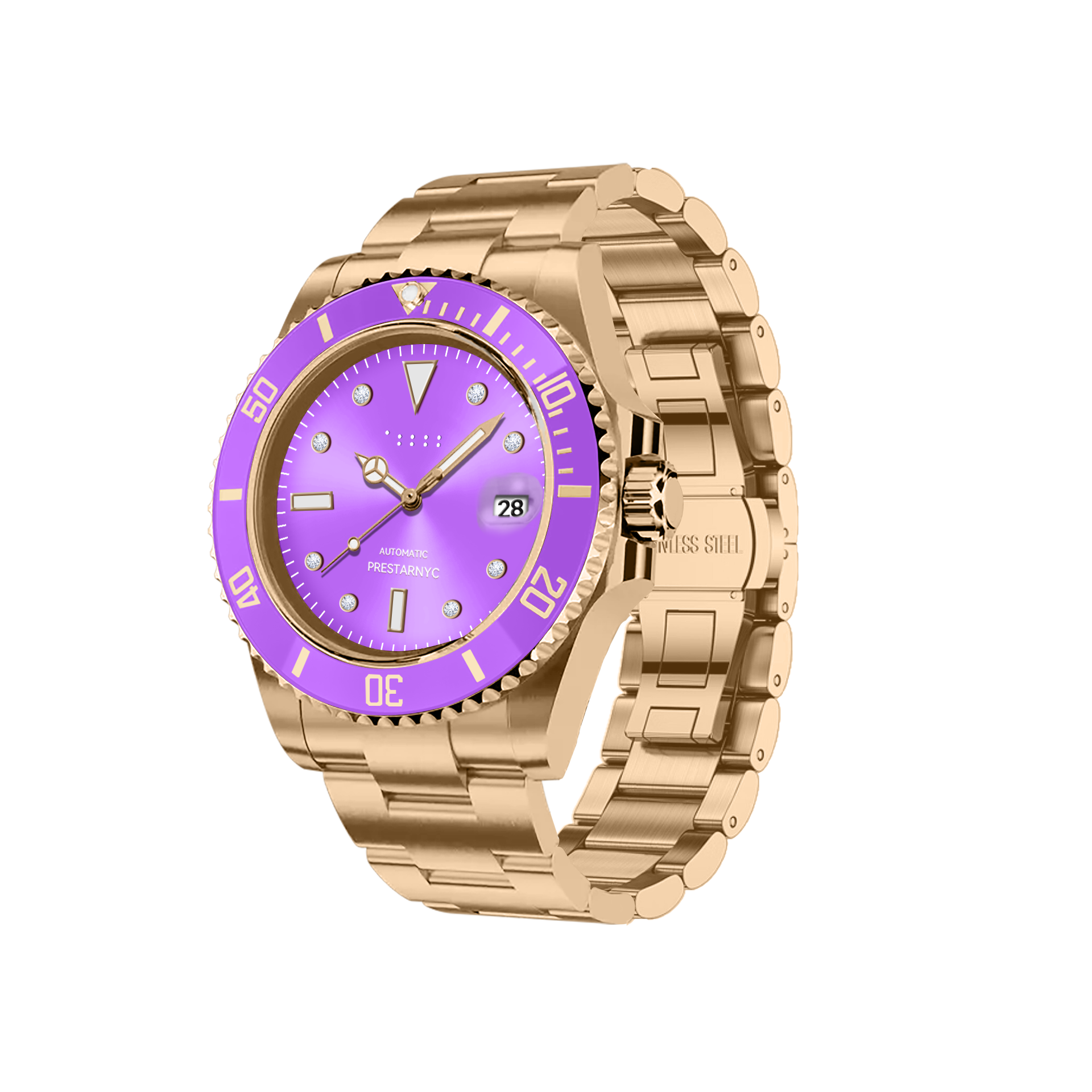 Prestar NYC Aquaman Classic Diamond Gold Watch (Lavender Elegance)