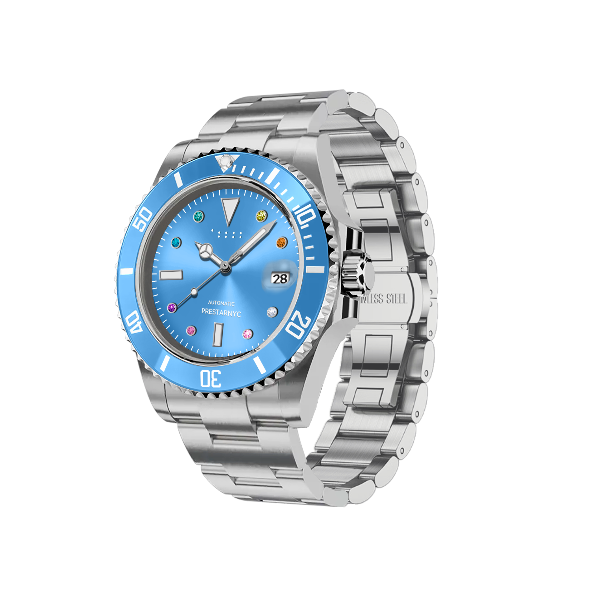 Prestar NYC Aquaman Classic Multi-color Diamond Watch (Lake Blue)