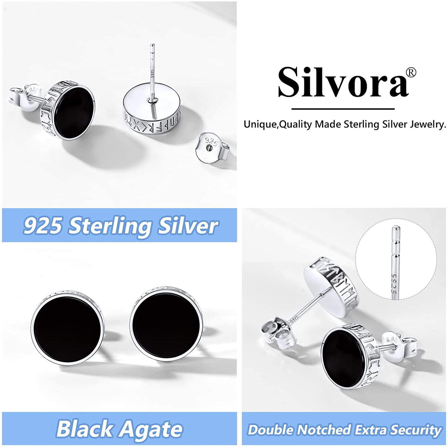 Silvora Black Onyx Round Stud Earrings 925 Sterling Silver 8MM Norse Viking Rune Jewelry Gift for Men Women - Silver