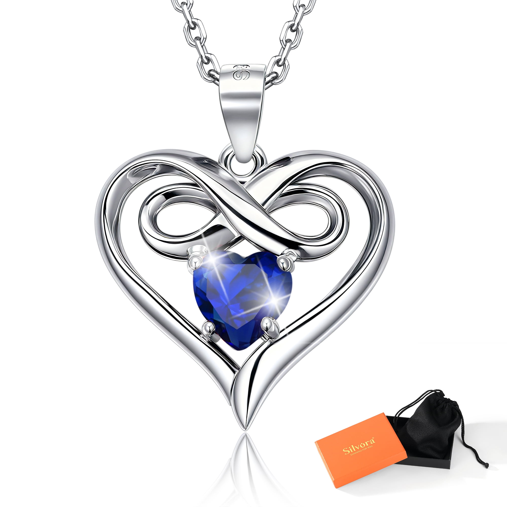 Silvora Women Heart Necklace Girls Sterling Silver Infinity Birthstone Pendant Necklace September Synthetic Sapphire Birthday Gift