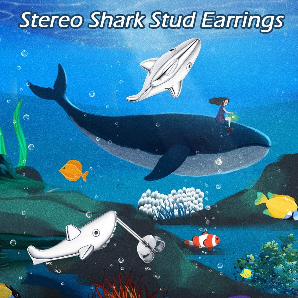 Silvora Shark Stud Earrings for Girls Women 925 Sterling Silver Animals Ear Studs Jewelry Charms