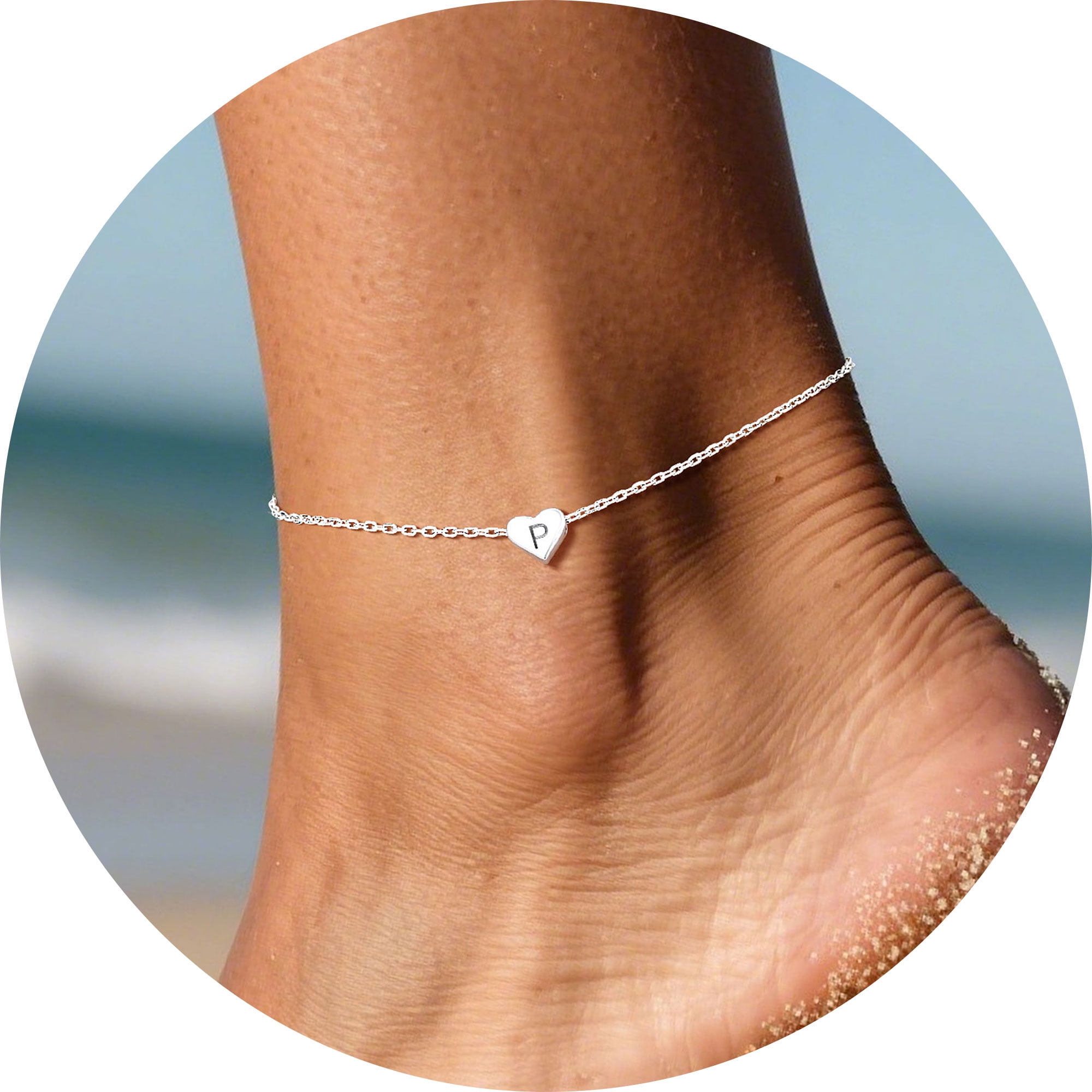 Silvora Sterling Silver Anklet Bracelets for Women, Initial Heart Anklet for Girls Letter A Foot Summer Boho Beach Jewelry Gift