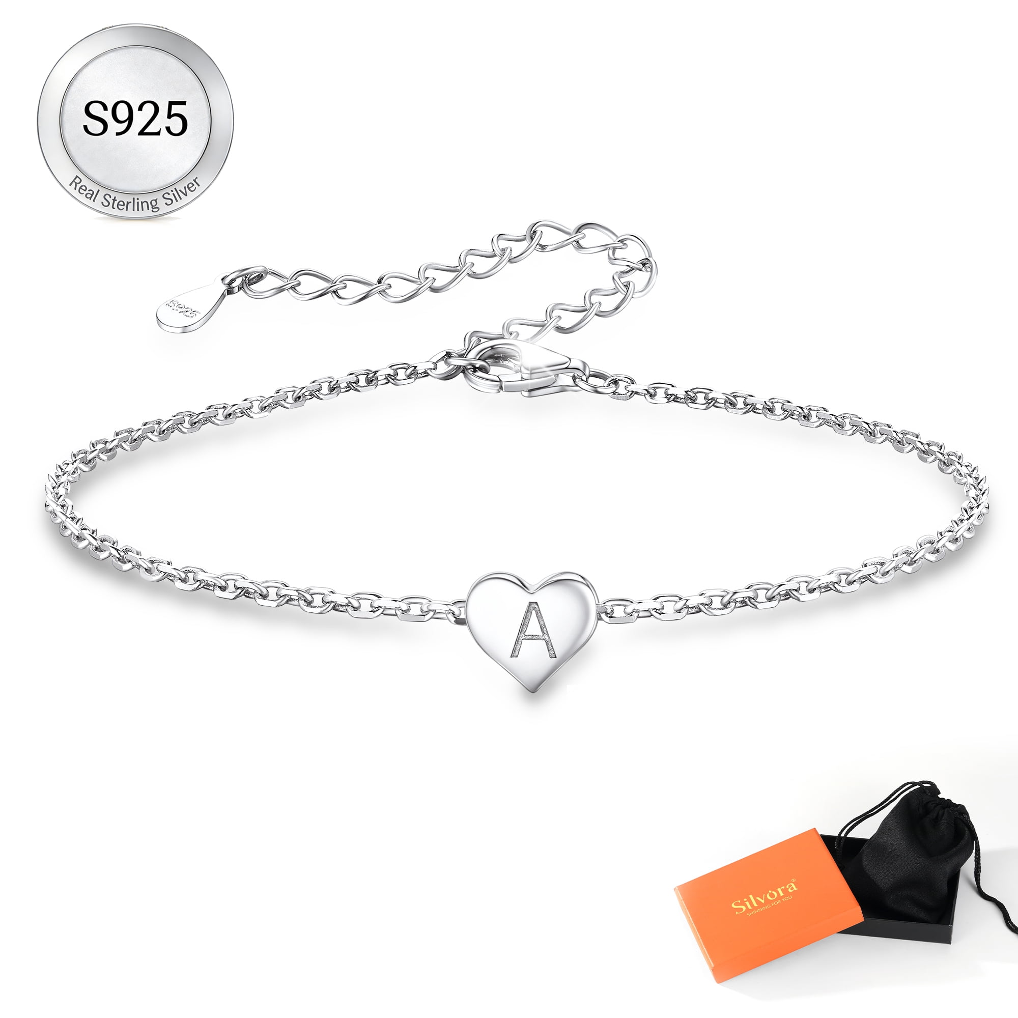Silvora Initial Heart Bracelet Charms Bracelets 925 Sterling Silver Chain Bracelets for Women Teen Girls - Letter A