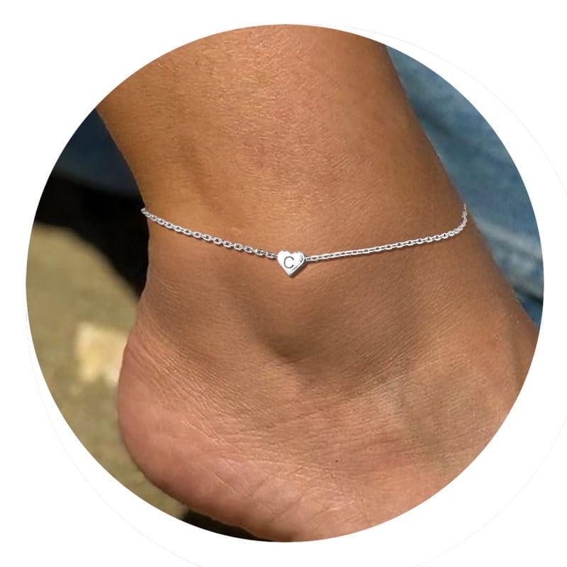 Silvora Sterling Silver Anklet Bracelets for Women, Initial Heart Anklet for Girls Letter A Foot Summer Boho Beach Jewelry Gift