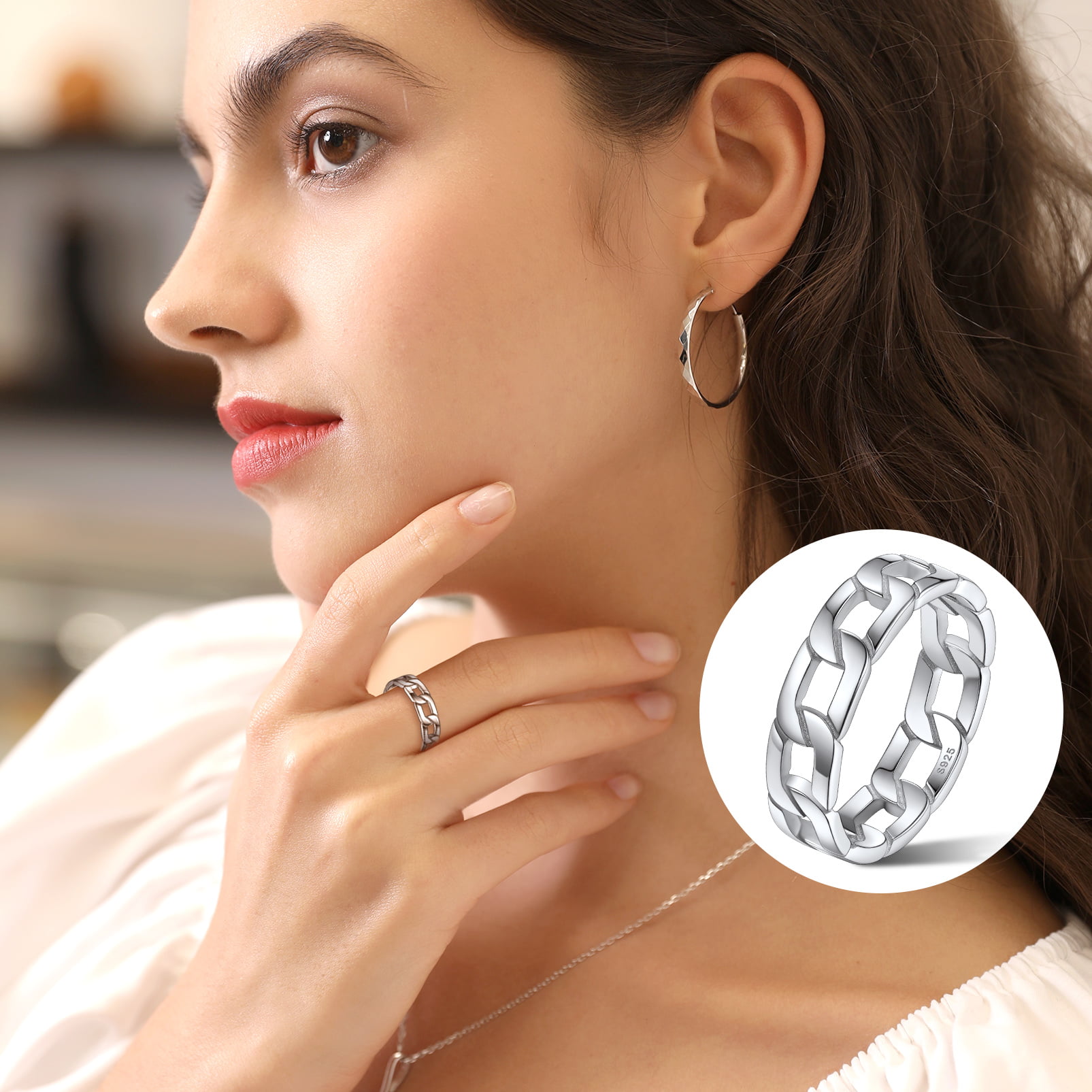 Silvora 925 Sterling Silver Ring for Women Men Stacking Cuban Link Chain Rings Wedding Band Ring for Promise Engagement Size 9