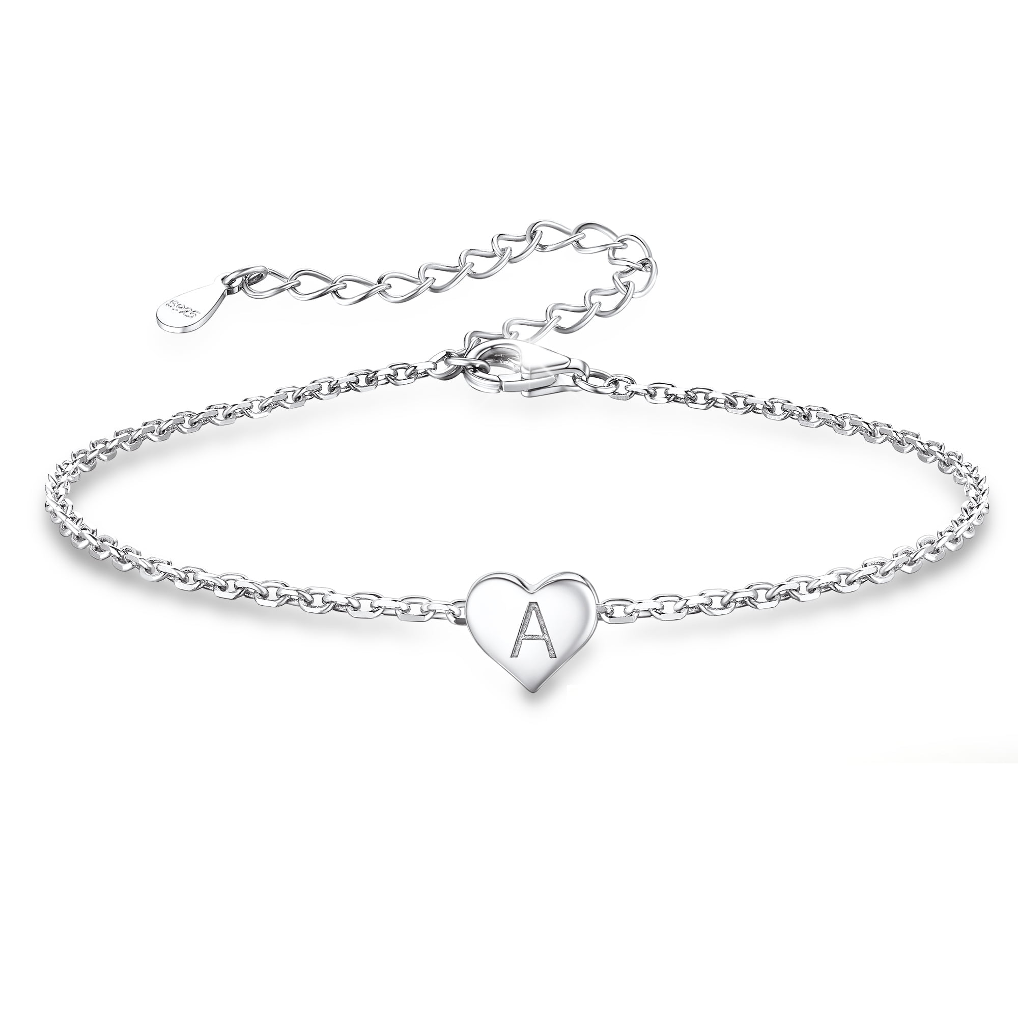 Silvora Initial Heart Bracelet Charms Bracelets 925 Sterling Silver Chain Bracelets for Women Teen Girls - Letter A