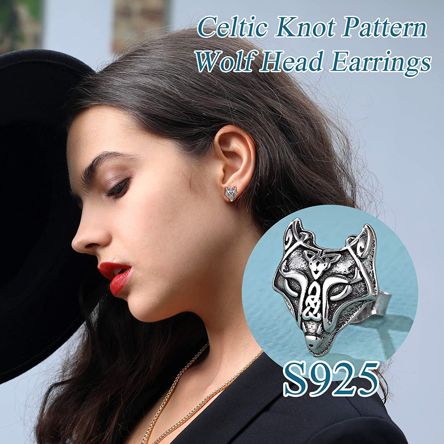 Silvora Viking Wolf Head Stud Earrings Sterling Silver Old-school Celtic Knot Nordic Viking Jewelry Cool Studs Charms for Women Men