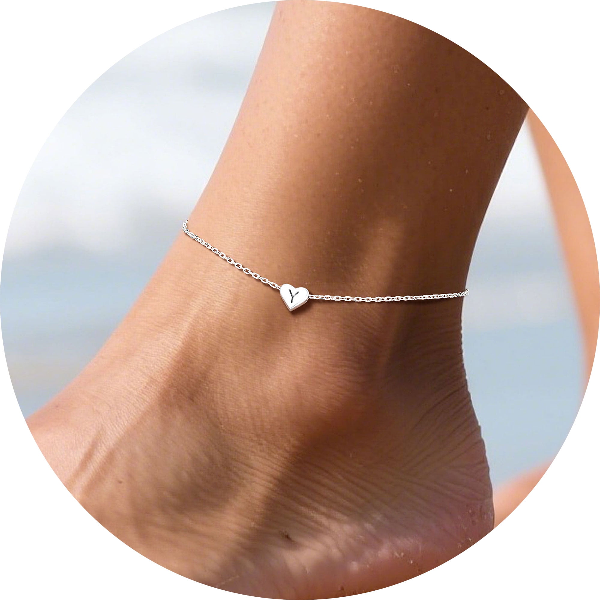 Silvora Sterling Silver Anklet Bracelets for Women, Initial Heart Anklet for Girls Letter A Foot Summer Boho Beach Jewelry Gift