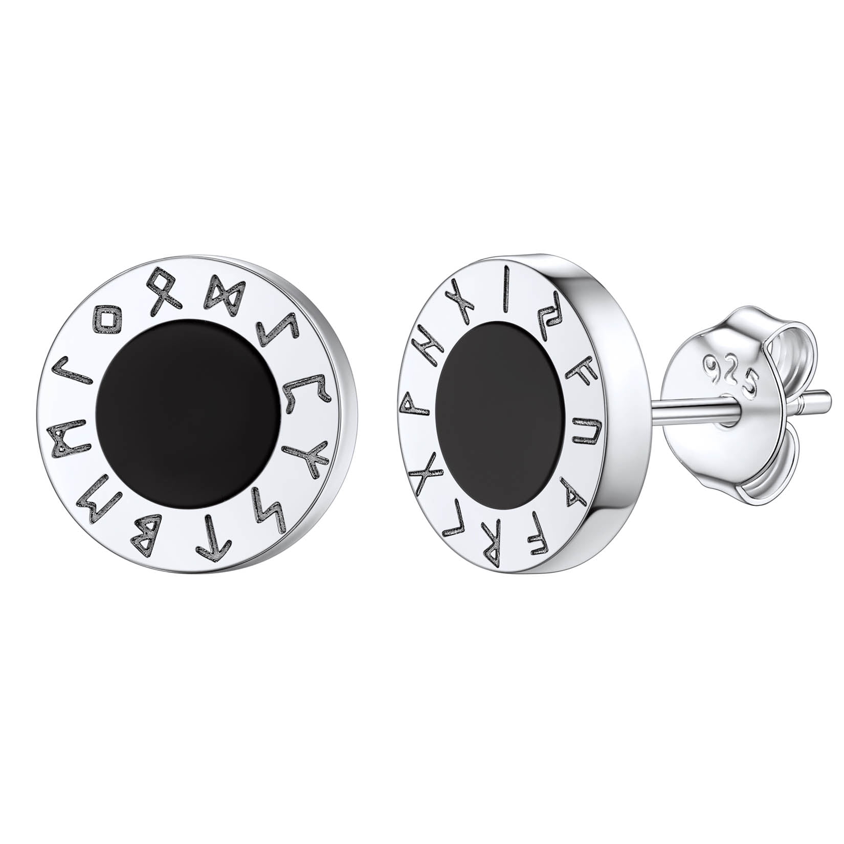Silvora Black Onyx Round Stud Earrings 925 Sterling Silver 8MM Norse Viking Rune Jewelry Gift for Men Women - Silver