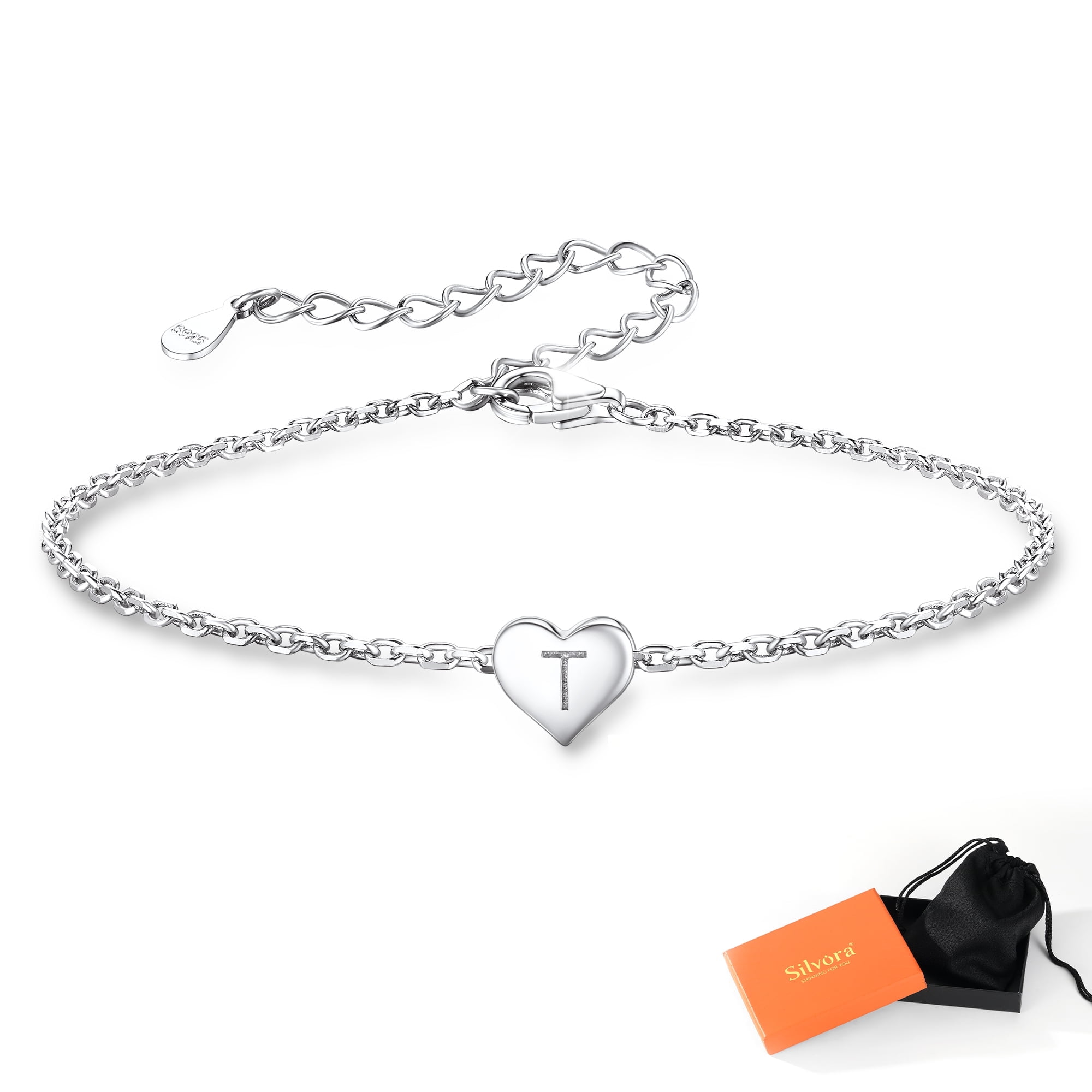Silvora Initial Heart Bracelet Charms Bracelets 925 Sterling Silver Chain Bracelets for Women Teen Girls - Letter A