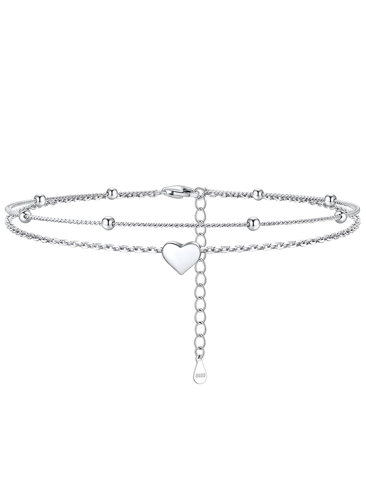 Silvora Double Layered Sterling Silver Anklet Bracelets for Women, Dainty Initial K Heart Anklet Beaded Chain Gift for Christmas Birthday