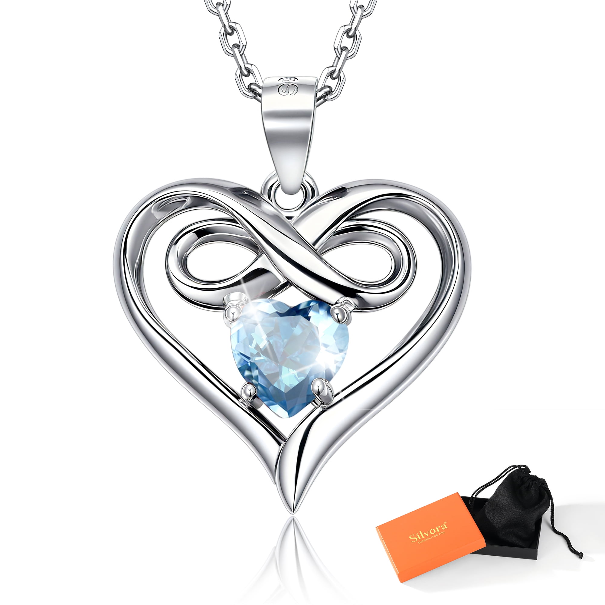 Silvora Women Heart Necklace Girls Sterling Silver Infinity Birthstone Pendant Necklace September Synthetic Sapphire Birthday Gift