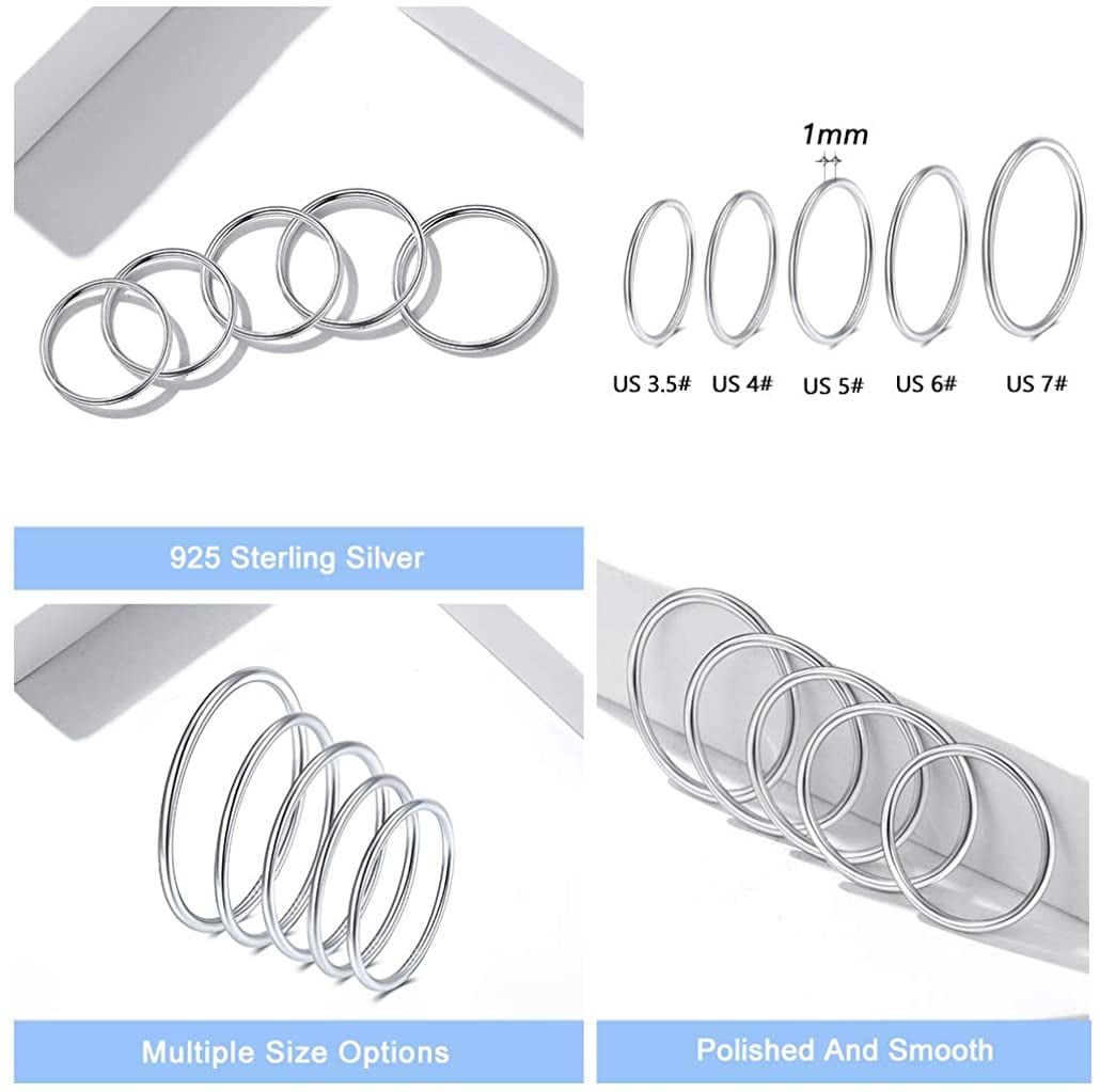 Silvora 5pcs Sterling Silver Women Knuckle Ring Midi Stacking Band Rings for Women Girls Finger Jewelry