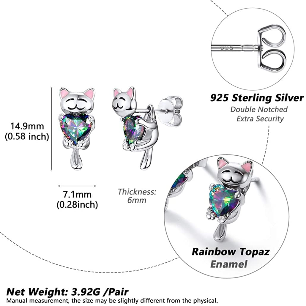 Silvora Sterling Silver Cute Cat Stud Earrings Cubic Zirconia Animal Statement Earrings Birthday Christmas Jewelry Gift for Wife Mom Daughter