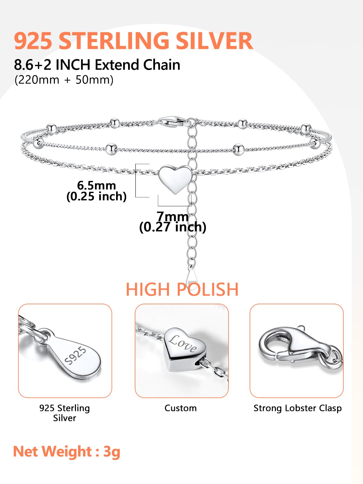 Silvora Double Layered Sterling Silver Anklet Bracelets for Women, Dainty Initial K Heart Anklet Beaded Chain Gift for Christmas Birthday