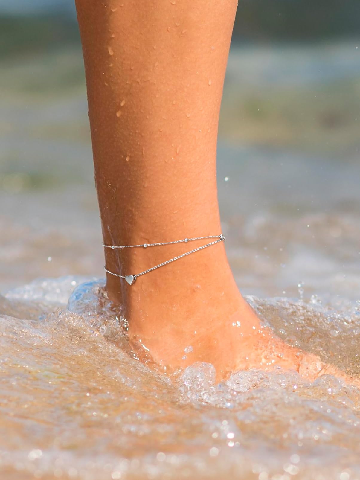 Silvora Double Layered Sterling Silver Anklet Bracelets for Women, Dainty Initial K Heart Anklet Beaded Chain Gift for Christmas Birthday