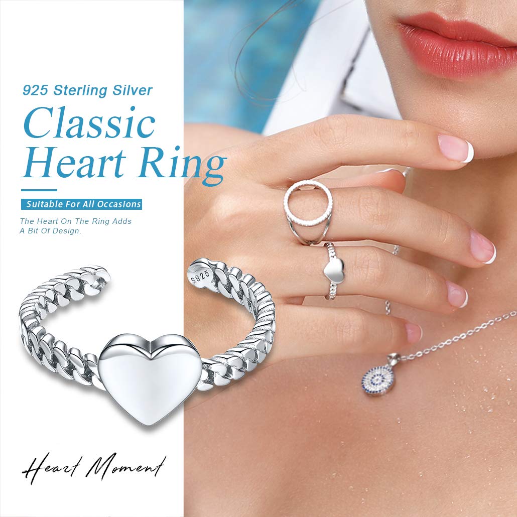 Silvora Women Sterling Silver Heart Ring Adjustable Engagement Open Ring Valentine Mother Day Gift for Her Mom Wife Daughter