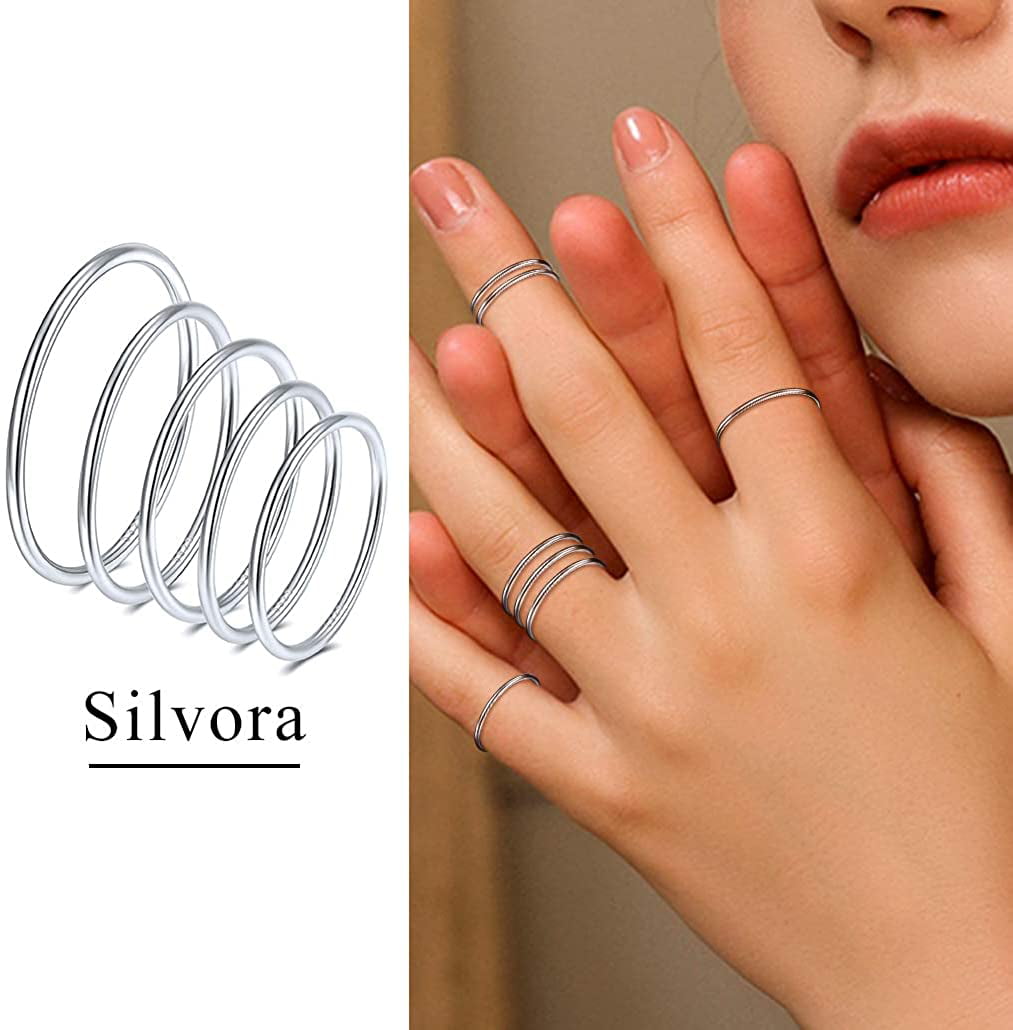 Silvora 5pcs Sterling Silver Women Knuckle Ring Midi Stacking Band Rings for Women Girls Finger Jewelry