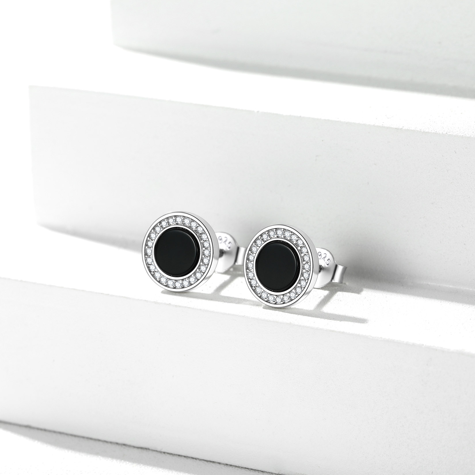 Silvora Black Onyx Round Stud Earrings 925 Sterling Silver 8MM Norse Viking Rune Jewelry Gift for Men Women - Silver