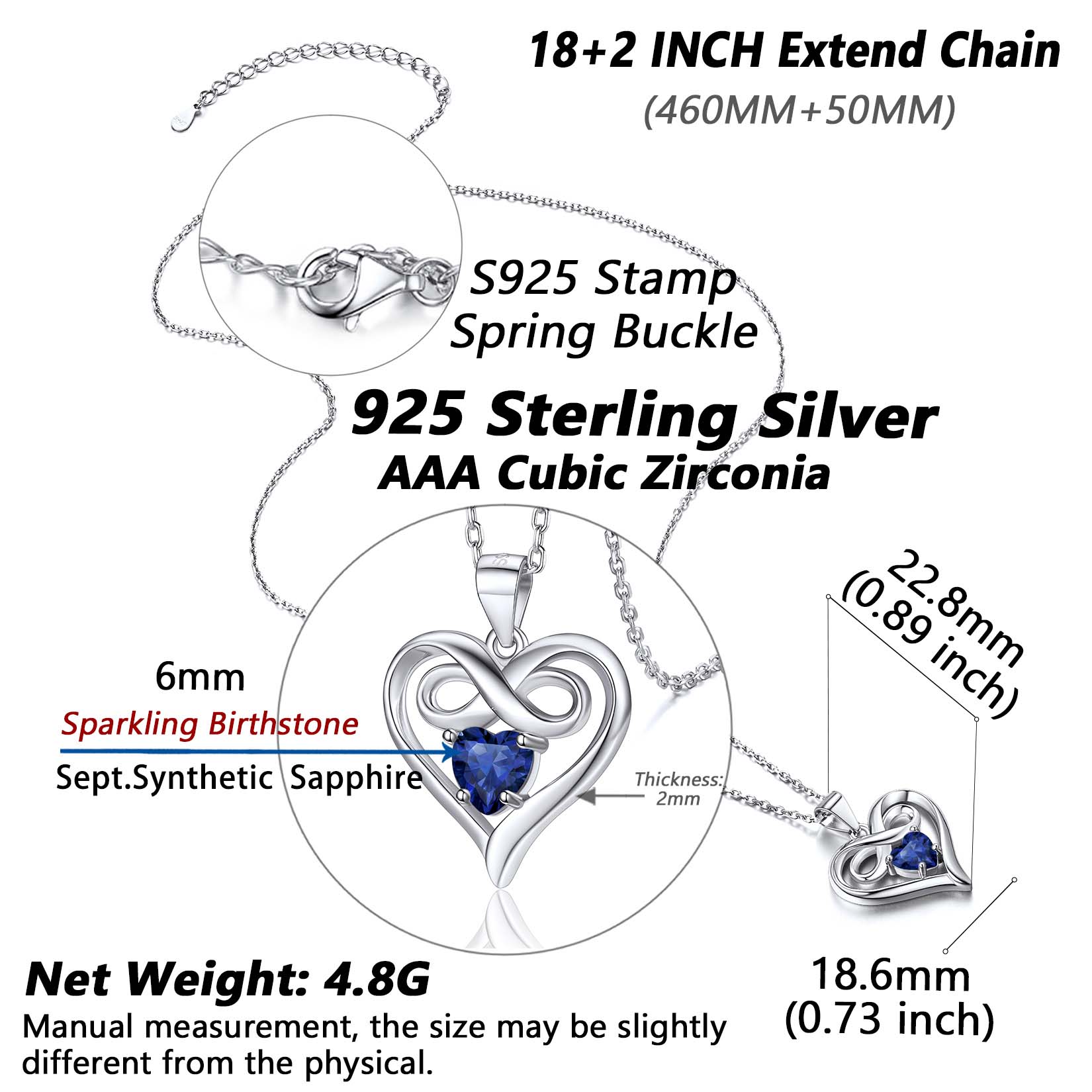 Silvora Women Heart Necklace Girls Sterling Silver Infinity Birthstone Pendant Necklace September Synthetic Sapphire Birthday Gift