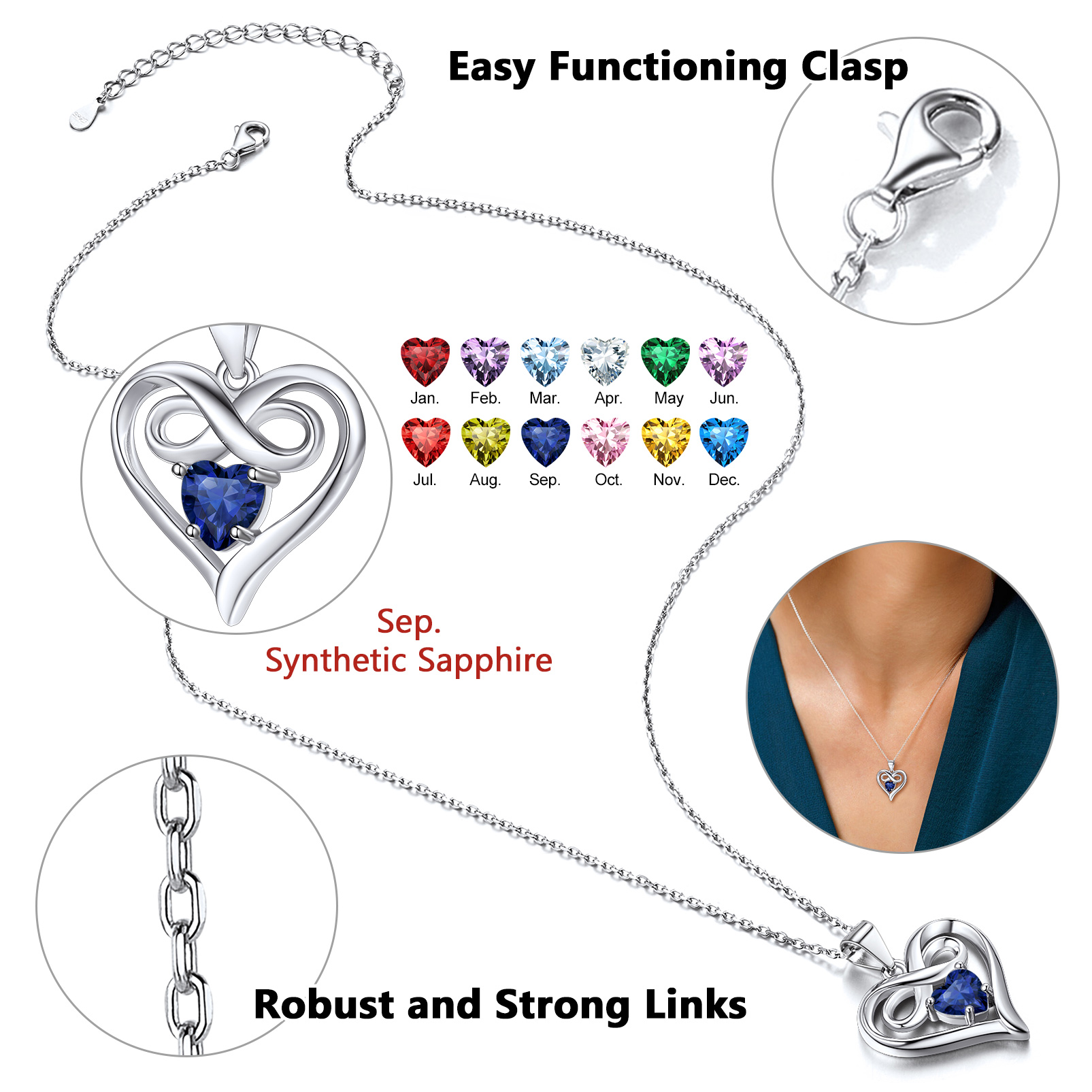 Silvora Women Heart Necklace Girls Sterling Silver Infinity Birthstone Pendant Necklace September Synthetic Sapphire Birthday Gift