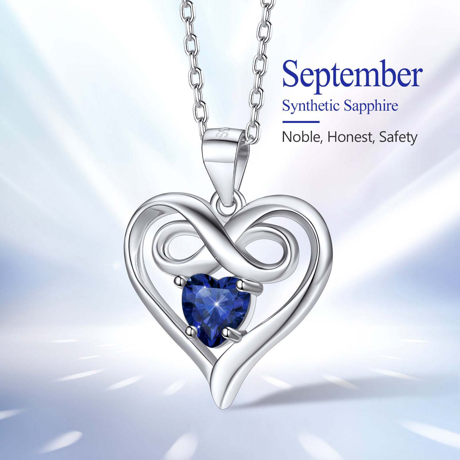 Silvora Women Heart Necklace Girls Sterling Silver Infinity Birthstone Pendant Necklace September Synthetic Sapphire Birthday Gift