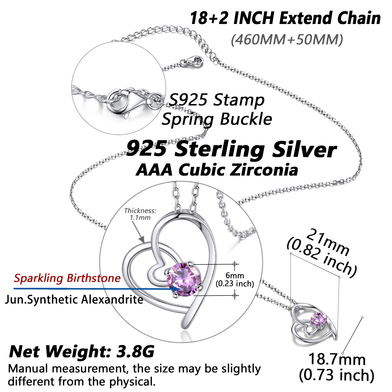 Silvora Birthstone Necklaces June Heart Love Pendant Sparking CZ Sterligng Silver Jewelry for Women Girls Birthday Christmas Gift