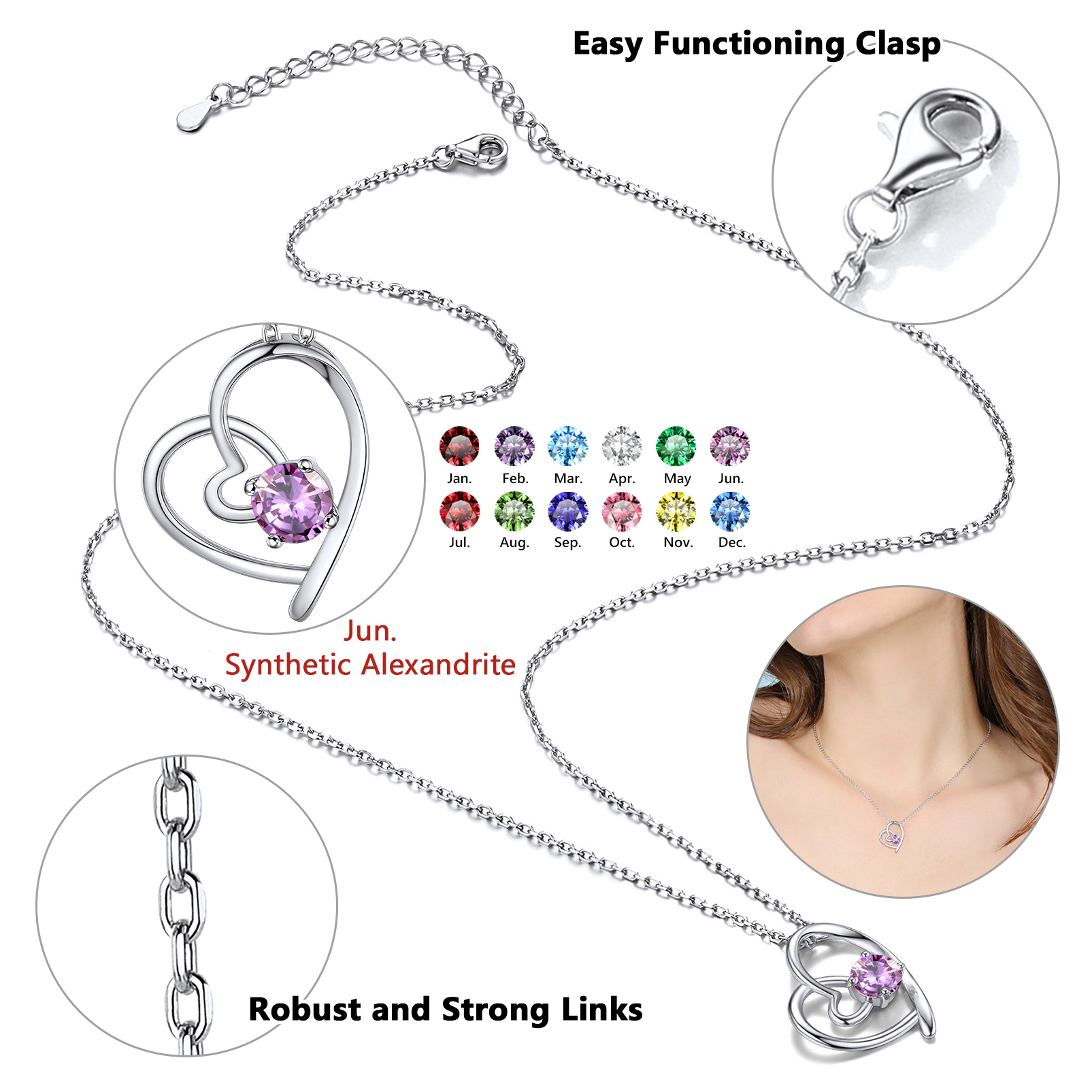 Silvora Birthstone Necklaces June Heart Love Pendant Sparking CZ Sterligng Silver Jewelry for Women Girls Birthday Christmas Gift