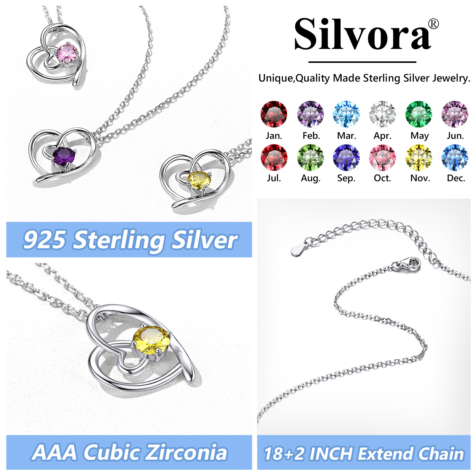 Silvora Birthstone Necklaces June Heart Love Pendant Sparking CZ Sterligng Silver Jewelry for Women Girls Birthday Christmas Gift