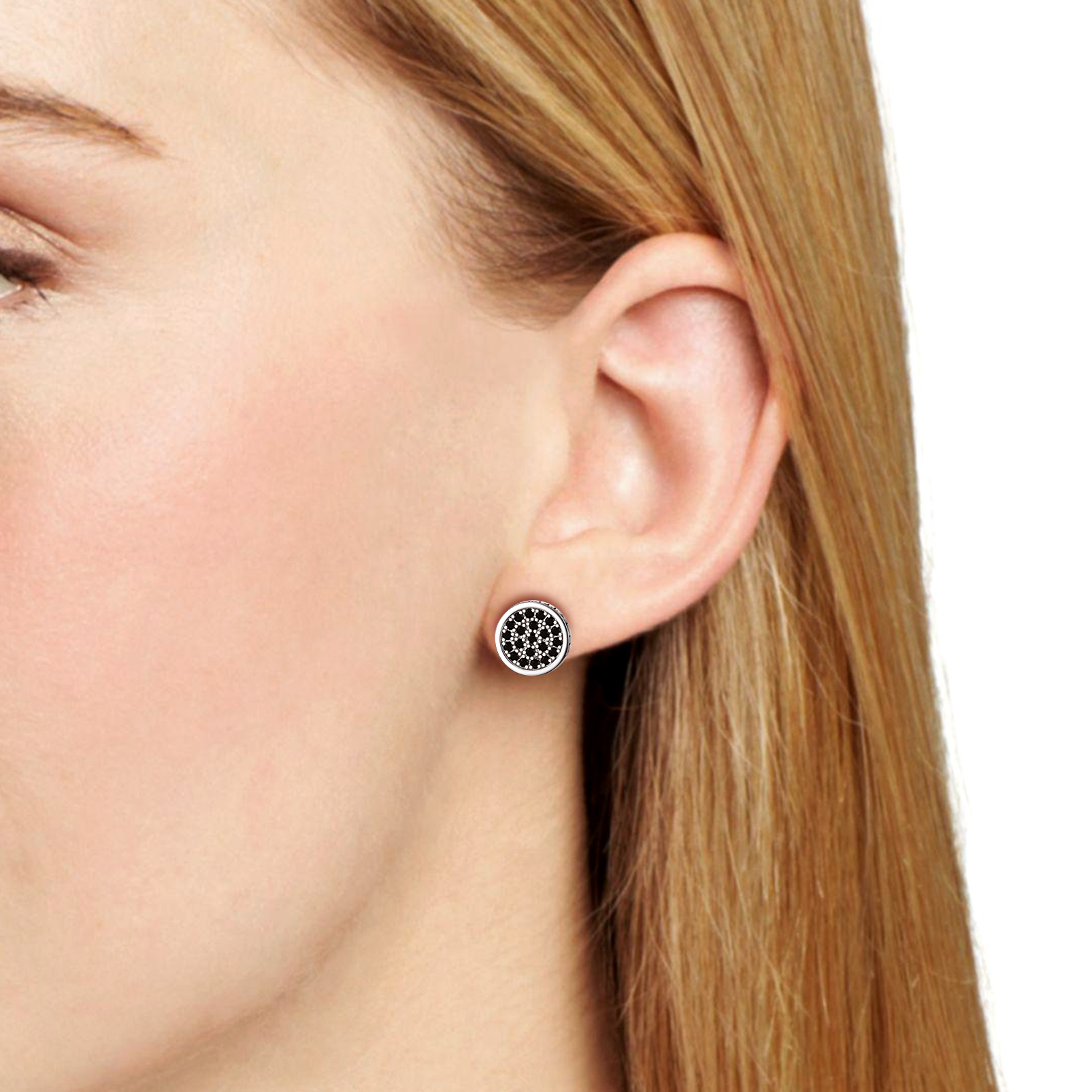 Silvora Black Onyx Round Stud Earrings 925 Sterling Silver 8MM Norse Viking Rune Jewelry Gift for Men Women - Silver