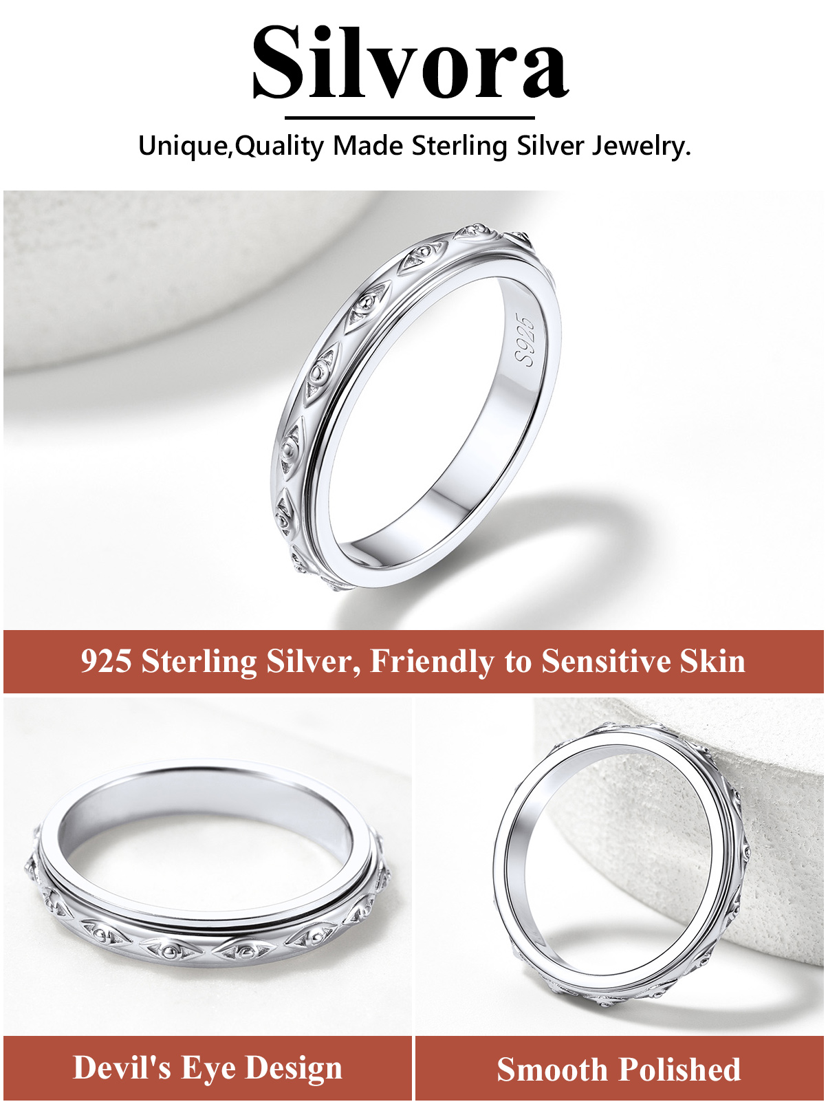 Silvora S925 Sterling Silver Fidget Rings Embossed Celtic Anxiety Relieve Spinner Rings Stress Relieving Band Rings for Women Girls, Size 8