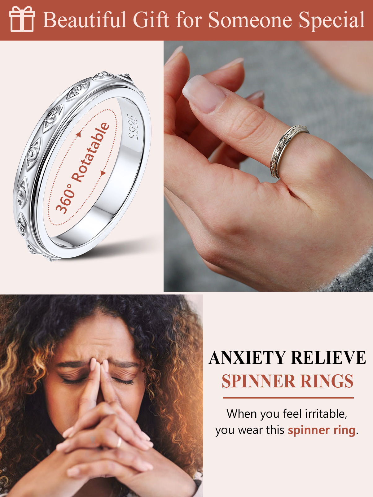 Silvora S925 Sterling Silver Fidget Rings Embossed Celtic Anxiety Relieve Spinner Rings Stress Relieving Band Rings for Women Girls, Size 8