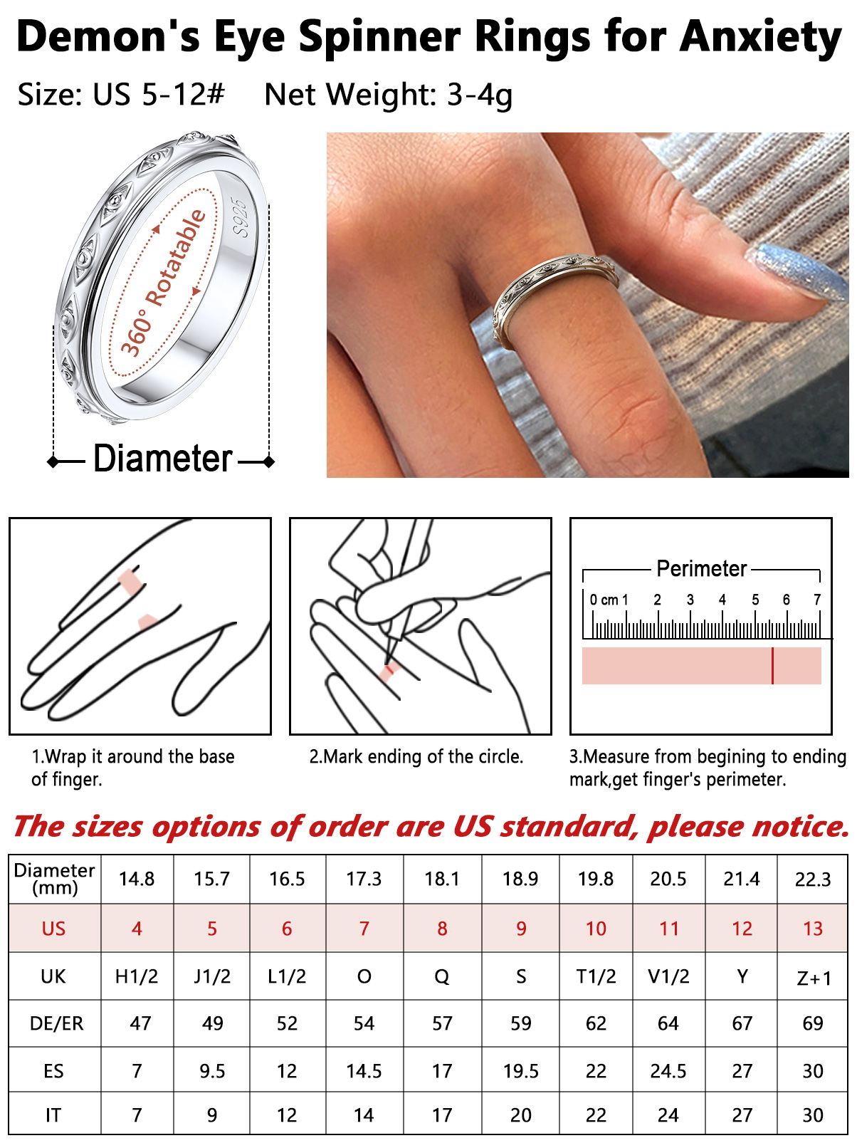 Silvora S925 Sterling Silver Fidget Rings Embossed Celtic Anxiety Relieve Spinner Rings Stress Relieving Band Rings for Women Girls, Size 8