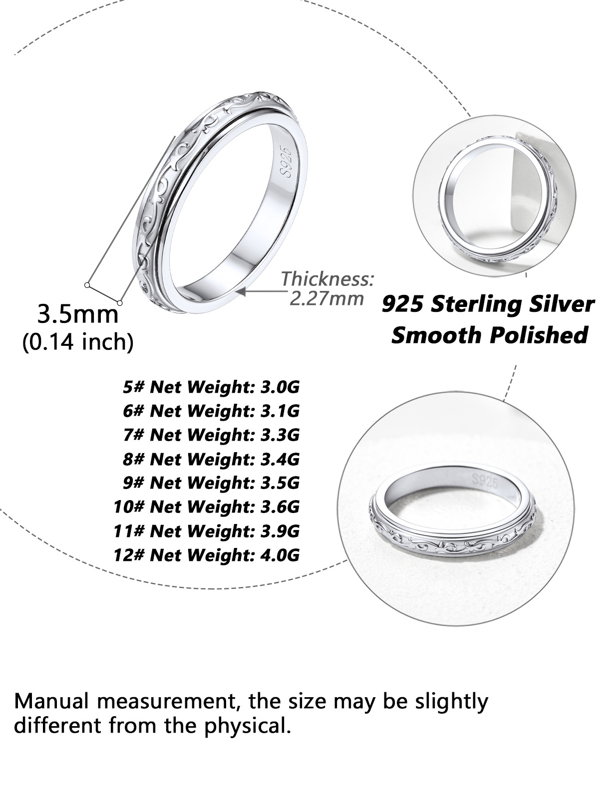 Silvora S925 Sterling Silver Fidget Rings Embossed Celtic Anxiety Relieve Spinner Rings Stress Relieving Band Rings for Women Girls, Size 8