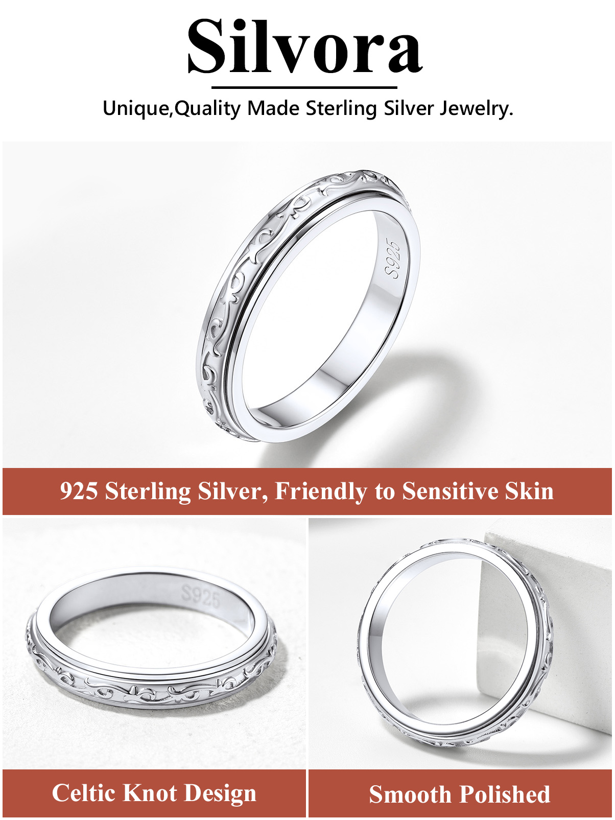 Silvora S925 Sterling Silver Fidget Rings Embossed Celtic Anxiety Relieve Spinner Rings Stress Relieving Band Rings for Women Girls, Size 8
