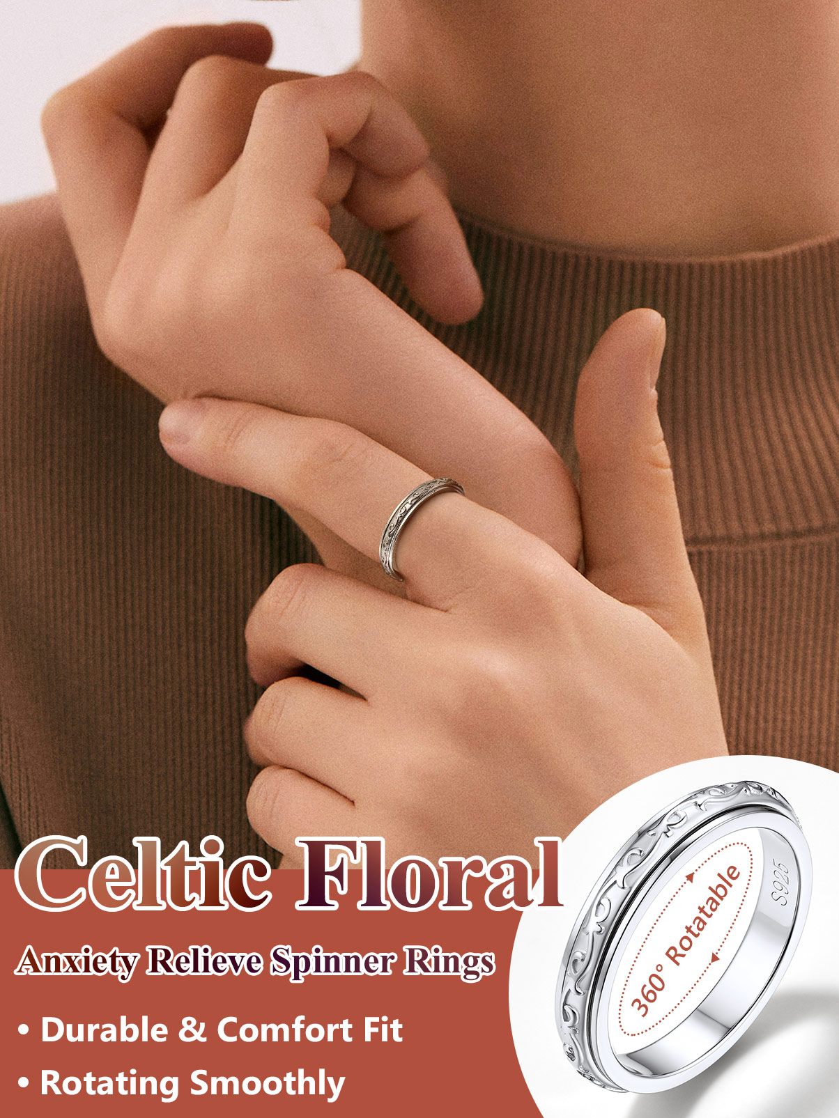 Silvora S925 Sterling Silver Fidget Rings Embossed Celtic Anxiety Relieve Spinner Rings Stress Relieving Band Rings for Women Girls, Size 8