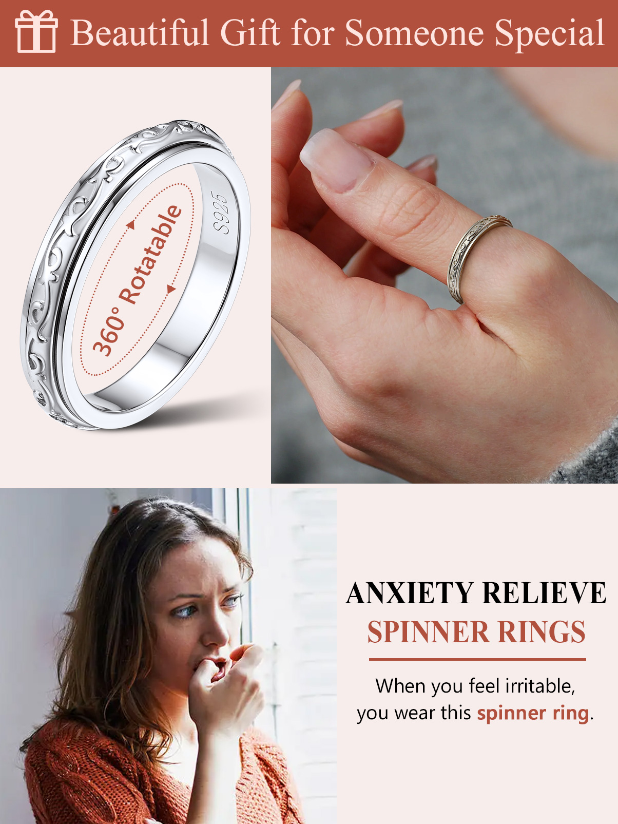 Silvora S925 Sterling Silver Fidget Rings Embossed Celtic Anxiety Relieve Spinner Rings Stress Relieving Band Rings for Women Girls, Size 8