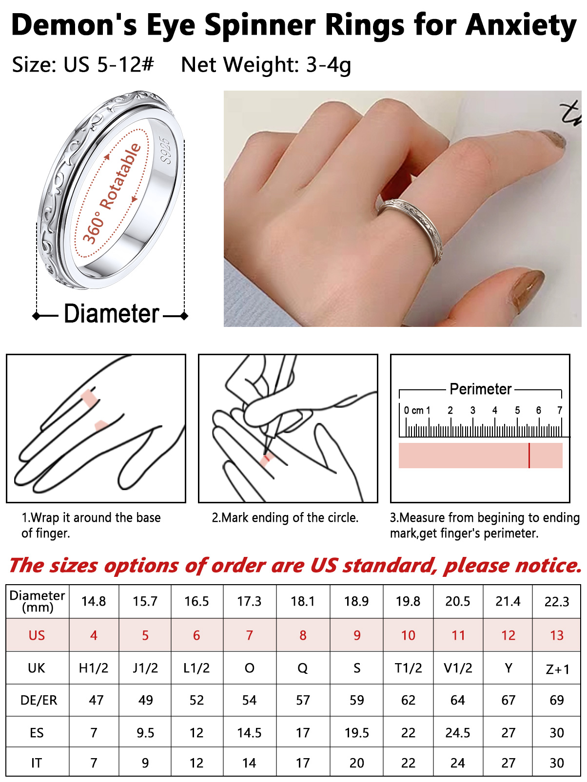 Silvora S925 Sterling Silver Fidget Rings Embossed Celtic Anxiety Relieve Spinner Rings Stress Relieving Band Rings for Women Girls, Size 8