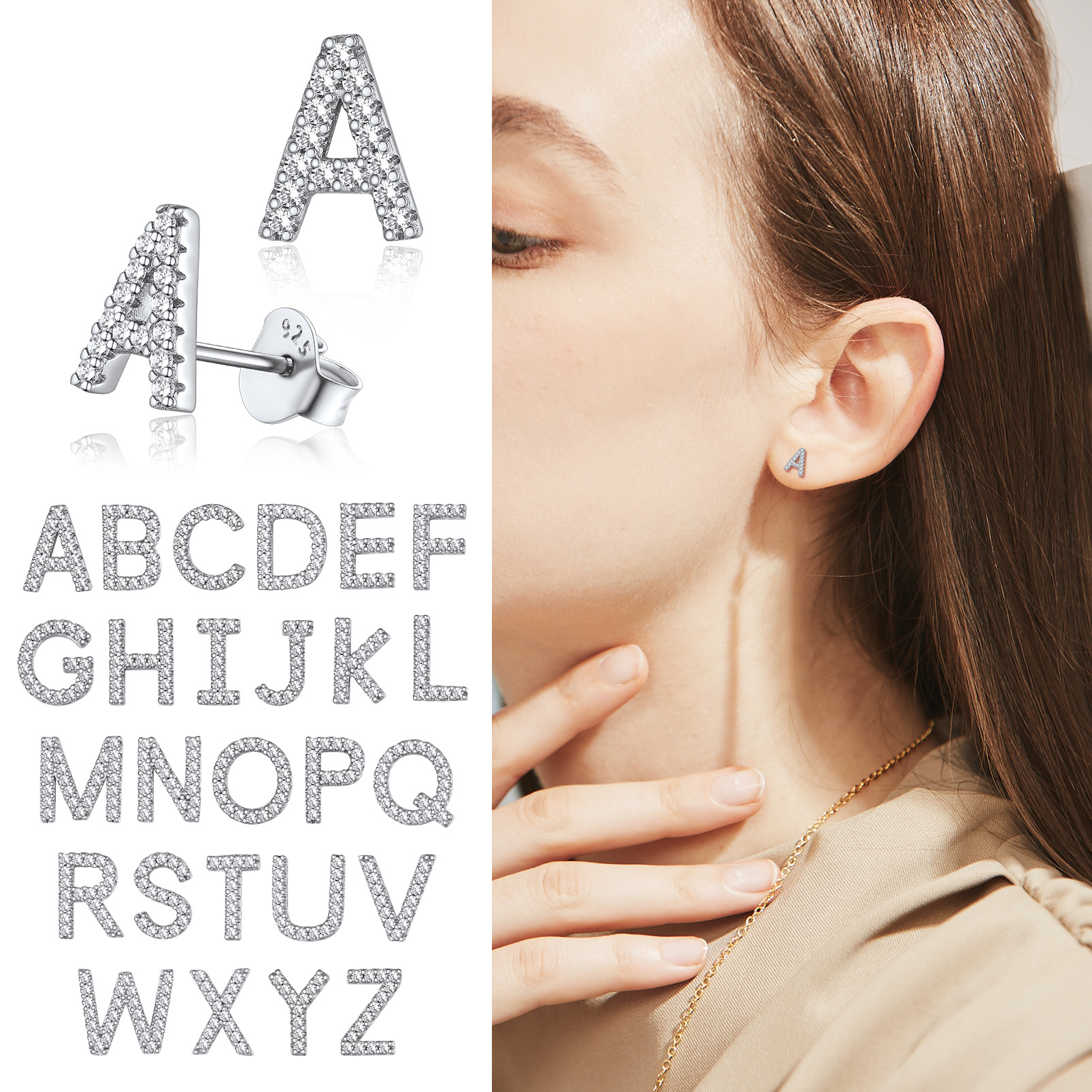 Silvora Tiny Sterling Silver Initial Stud Earrings Cubic Zirconia A Letter Earrings Christmas Birsthday Gift for Her Mom Girlfriend Daughter