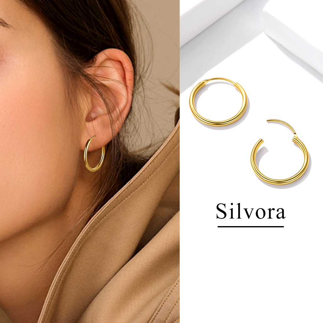 Silvora 70mm Gold Hoop Earrings Large Sterling Silver Earrings for Women Charm Endless Circle Hoop for Sensitive Ears Jewelry Gift
